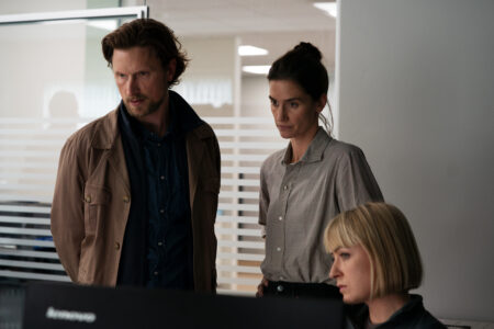 Kastjanemanden. (L to R) Mikkel Boe Følsgaard as Mark Hess, Danica Curcic as Naia Thulin, Katinka Lærke Petersen as Sandra Lindstrøm